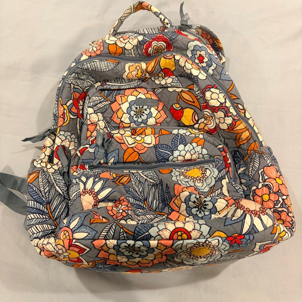 Vera Bradley Quilted Floral Backpack Grey Orange Blue Large School Travel Bag